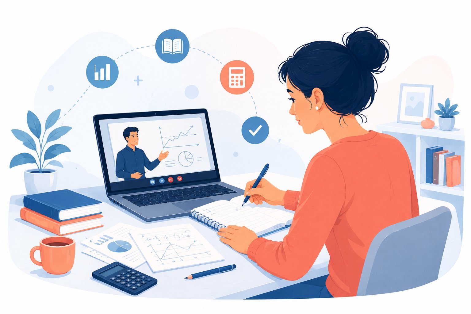 Illustration Hippocampe Academy : une candidate suit un cours en direct de mathématiques et CEJM, entourée de graphiques, d'une calculatrice et de ses notes