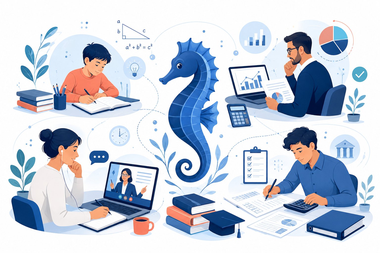 Illustration Hippocampe Academy : élève, étudiant en visio, entrepreneur et étudiant en comptabilité, réunis autour d'un hippocampe stylisé