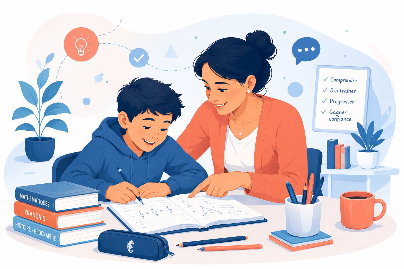 Illustration Hippocampe Academy : une formatrice accompagne un élève dans ses devoirs de mathématiques, entourée de livres de français, mathématiques et histoire-géographie